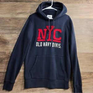 Old Navy Men's Dark Navy Blue Hoodie Sweatshirt with Red Graphic